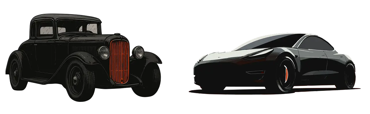 A comparison between a 1920s car on the left and a 2020s car on the right.